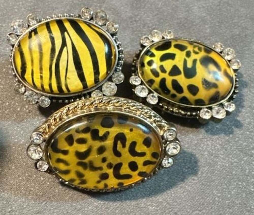 Lot of 3 Vintage Yellow Animal Print Adjustable Rings with Rhinestone Accent